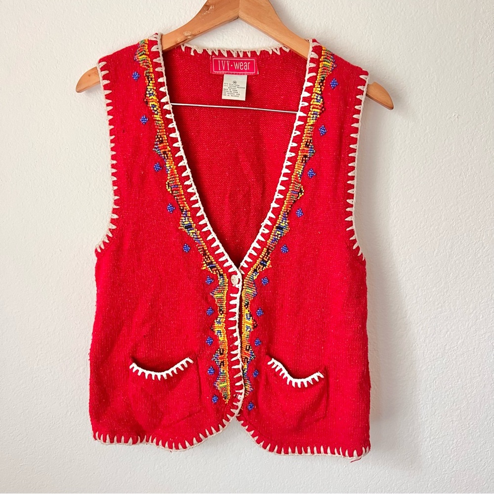 Vintage Ivy Wear Red Beaded Silk Blend Cardigan Vest Sz M